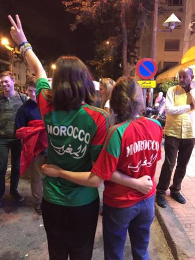 Dana and I with our Morocco jerseys! They beat Gabon, and inchallah they will beat Cote D'ivoire.